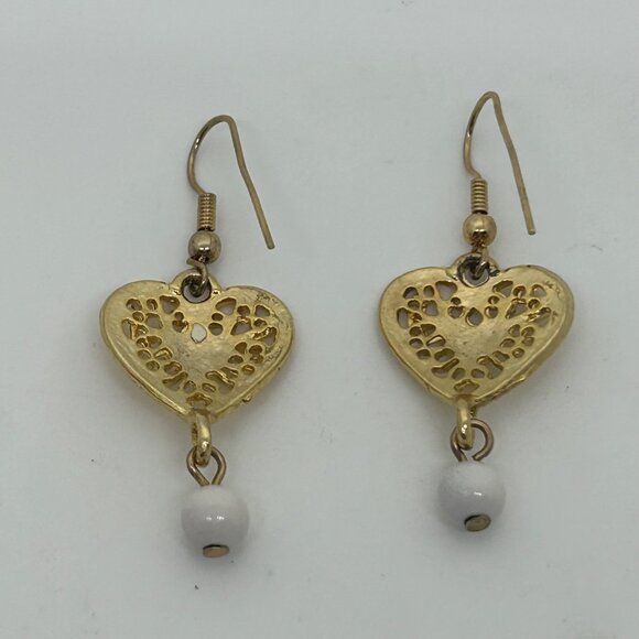 Vintage Gold-Tone Heart Drop Earrings With White Accents & Filigree Design - Picture 3 of 16